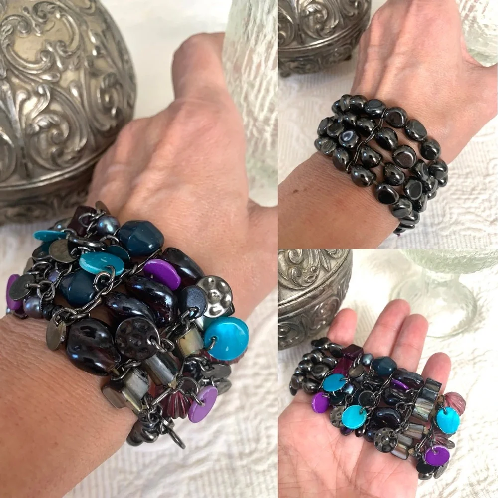 Women’s Hematite Abalone Shell statement bracelet purple aqua Black charm beads